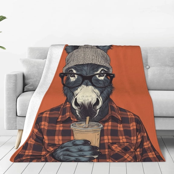 Funny Hipster Donkey Throw Blanket, Cool Animal with Glasses & Flannel Shirt Art, Ultra Soft Flannel Fleece, Cool Teen Gift 50x40