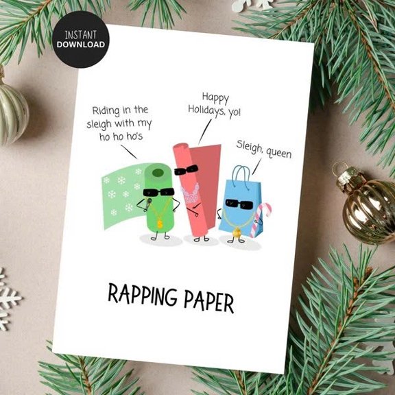 Funny Holiday Card - "Rapping Paper" with Clever Festive Characters - Perfect for Christmas Greetings and Gifting - Envelope Included, Blank Inside