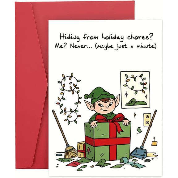 Funny Holiday Card featuring Mischievous Elf - "Hiding from Holiday Chores?" Design - Envelope Included, Blank Inside - Perfect for Christmas Greetings and Humor