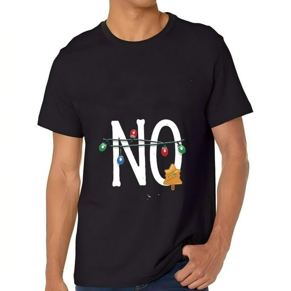 Funny Holiday Cotton Short Sleeve T-Shirt for Men - " NO " with Colorful Christmas Lights Gingerbread Man & Star Design