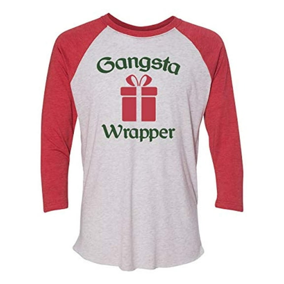 Funny Holiday Gangsta Wrapper Ladies Adult Baseball Tee-Red-XL