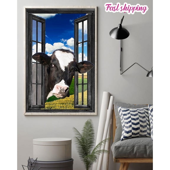 Funny Holstein Cow Window View Poster Wall Art Vertical 11 x 17 Inch Poster