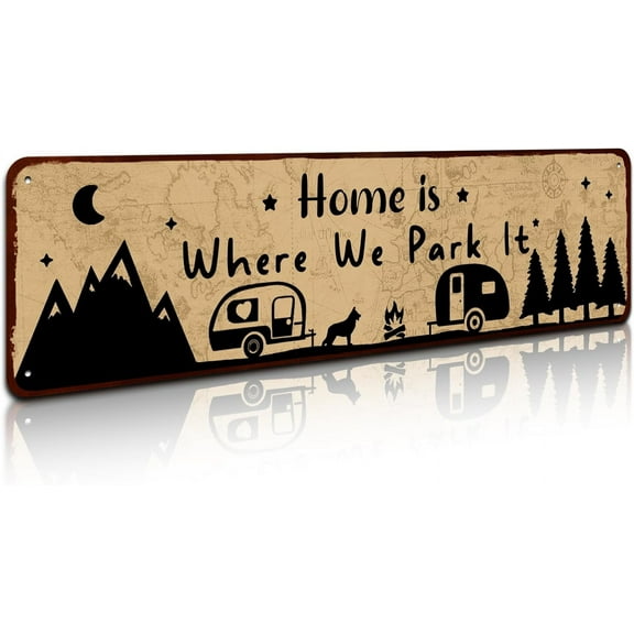 Funny Home is Where We Park It Metal Tin Sign Wall Decor Farmhouse Rustic Camping Signs with Sayings for Home Garage Men Cave Yard Decor Camper Gifts, 4" by 16"