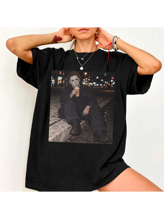 Funny Horror Movie T-Shirt, Pumpkin Spice Coffee Tee, Vintage Slasher Meme Spooky Mask Graphic