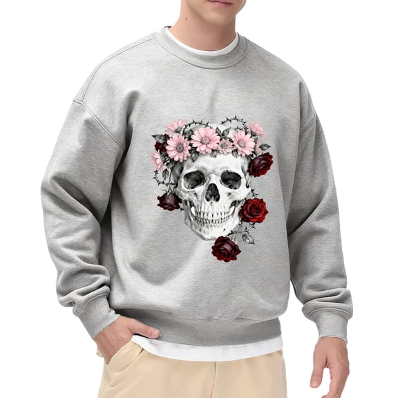 Funny Horror Skull Print Mens Sweatshirt with Long Sleeve, Lightweight Basis Pullover Men's Crewneck Sweatshirt