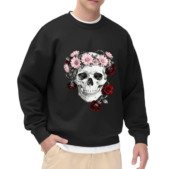 Funny Horror Skull Print Mens Sweatshirt with Long Sleeve, Lightweight Basis Pullover Men's Crewneck Sweatshirt