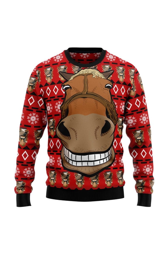 Funny Horse Big Smile Face Ugly Christmas Sweater, Holiday Sweater, Farm Cowboy Gag Gift Jumper
