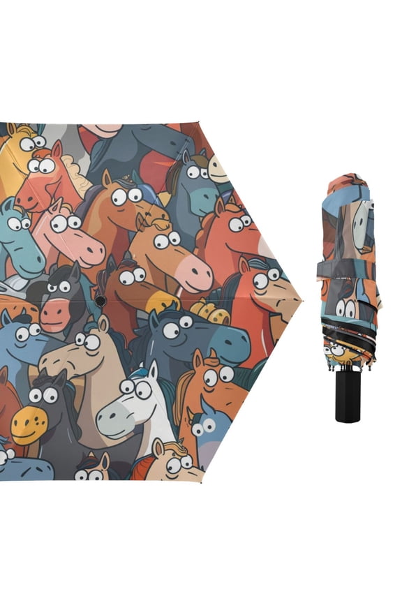 Funny Horse Head Compact Sun Umbrella Windproof Travel Umbrellas for Rain Strong Portable UV Protection
