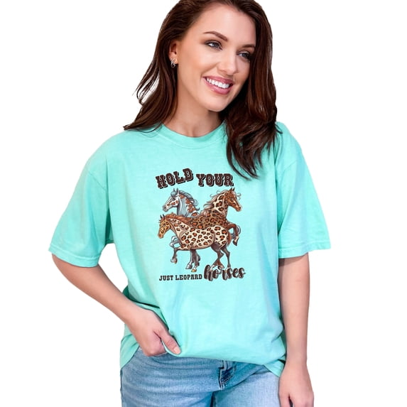 Funny Horse Shirt, Hold Your Horses Tee, Equestrian Lover Gift, Horse Riding Shirt, Leopard Print Horses Graphic Tee, Chalky Mint Comfort Colors T-Shirt, XL