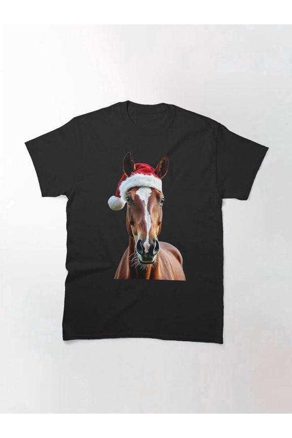 Funny Horse Wearing Father Christmas Hat Cute Snow Winter Holiday Gift Unisex T-Shirt up to Size 5XL
