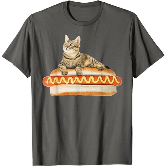 Funny Hot Dog Cat Tshirt by Zany Brainy, Cute Kitty Food Tee, Humor Gift For Men Women Cat Lovers, Charcoal Color, Size M