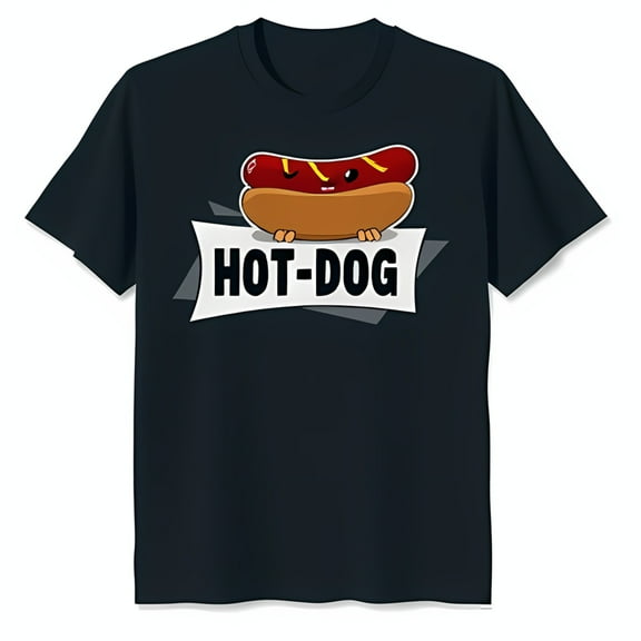 Funny Hot Dog Character Black T-Shirt Smiling Hot Dog with 'HOT DOG' Sign