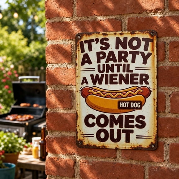 Funny Hot Dog Metal Sign – "It's Not a Party Until a Wiener Comes Out" Vintage Tin Plaque for Kitchen, BBQ Grill & Man Cave Wall Decor, Retro Home Gift