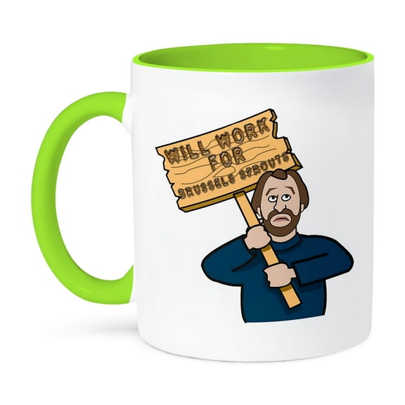 3dRose, Funny Humorous Man Guy With A Sign Will Work For Brussels Sprouts, 11oz Two-Tone Green Mug
