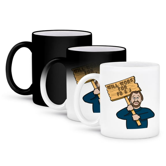 3dRose, Funny Humorous Man Guy With A Sign Will Work For Pb And J Peanut Butter And Jelly, 11oz Magic Transforming Mug