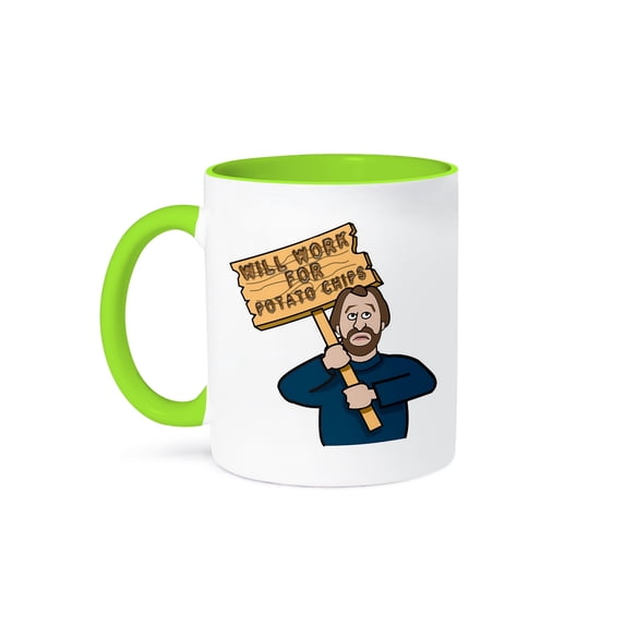 3dRose, Funny Humorous Man Guy With A Sign Will Work For Potato Chips, 11oz Two-Tone Green Mug