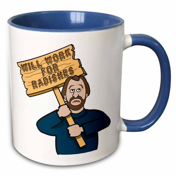 3drose, Funny Humorous Man Guy with a Sign Will Work for Radishes, 15oz Two-tone Blue Mug