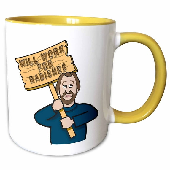 3drose, Funny Humorous Man Guy with a Sign Will Work for Radishes, 15oz Two-tone Yellow Mug