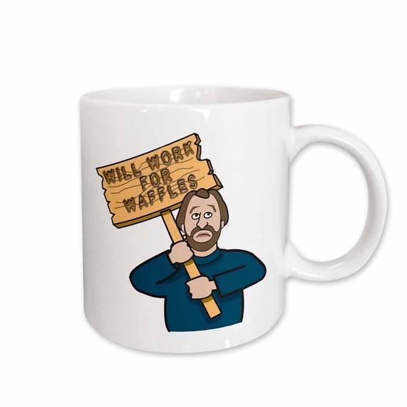 3drose, Funny Humorous Man Guy with a Sign Will Work for Waffles, 15oz Mug