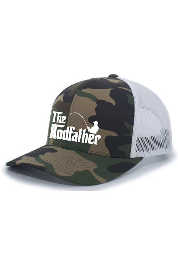 Funny Humorous Mens The Rod Father Fishing Outdoors Embroidered Mesh Back Mens Trucker Hat-Army/White
