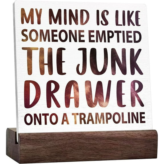Funny Humorous Quote Ceramic Desk Sign Brain Is Like A Junk Drawer On A Trampoline Signs Fun Adhd Desk Decor For Home Office Bedroom Table Decor, Cheer Up Gifts For Women Girl Friend