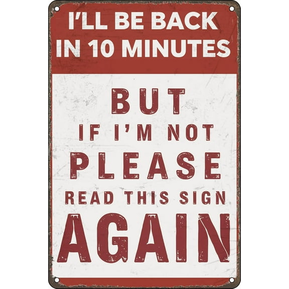 Funny Humorous Vintage Metal Tin Signs I'll Be Back In 10 Minutes But If I'M Not Please Read This Sign Again Sign Wall Decor for Home Coffee Shop Bar Garage 812 inch
