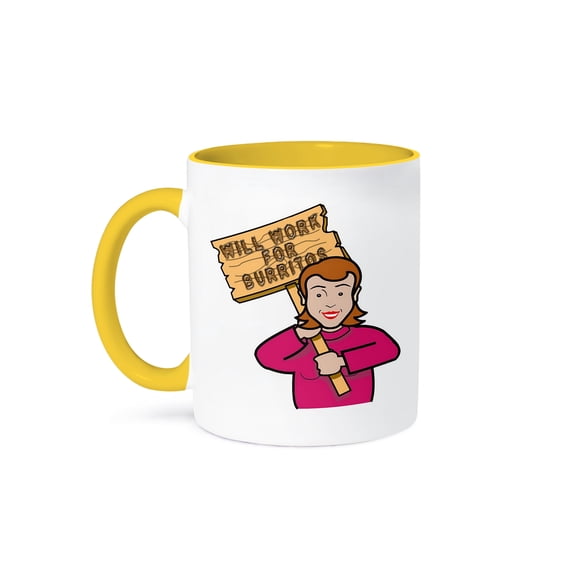 3dRose, Funny Humorous Woman Girl With A Sign Will Work For Burritos, 15oz Two-Tone Yellow Mug