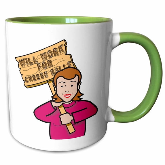 3drose, Funny Humorous Woman Girl with a Sign Will Work for Cheese Balls, 15oz Two-tone Green Mug