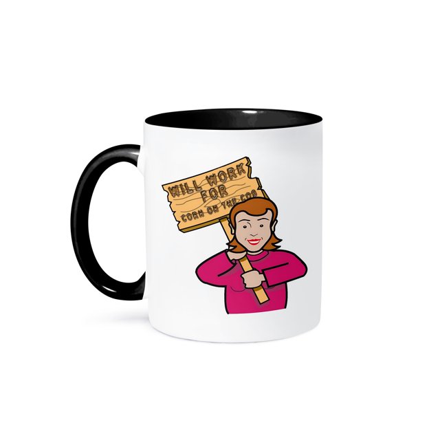 3dRose, Funny Humorous Woman Girl With A Sign Will Work For Corn On The Cob, 15oz Two-Tone Black Mug