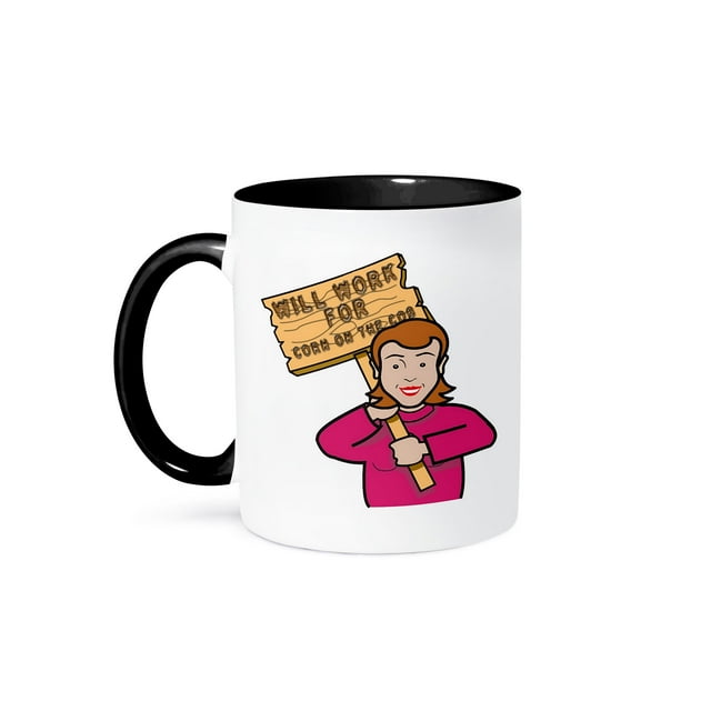 3dRose, Funny Humorous Woman Girl With A Sign Will Work For Corn On The Cob, 15oz Two-Tone Black Mug