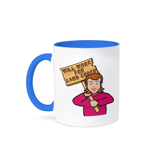 3dRose, Funny Humorous Woman Girl With A Sign Will Work For Lamb Chops, 15oz Two-Tone Blue Mug