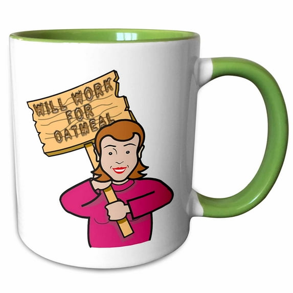 3drose, Funny Humorous Woman Girl with a Sign Will Work for Oatmeal, 15oz Two-tone Green Mug