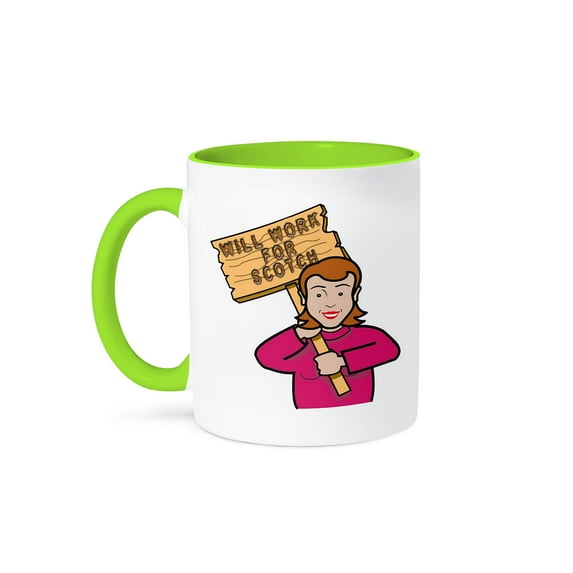 3dRose, Funny Humorous Woman Girl With A Sign Will Work For Scotch, 11oz Two-Tone Green Mug