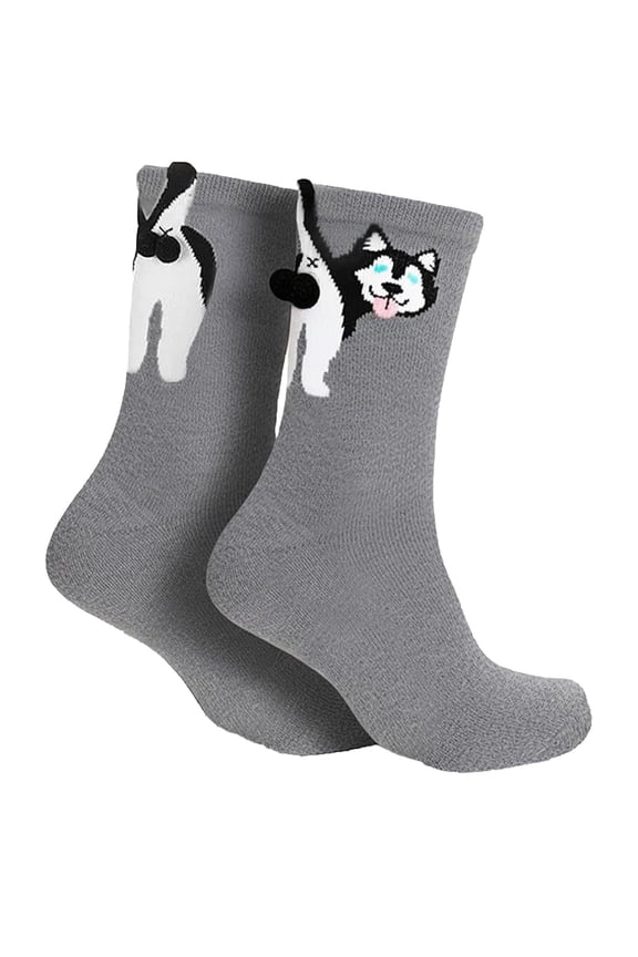 Funny Husky Dog Novelty Socks for Women, Asymmetric Matching Pair Crew Socks, Gray Cute Animal Socks, Soft Stretchy Free Size Gifts for Dog Lovers,Size Free Size