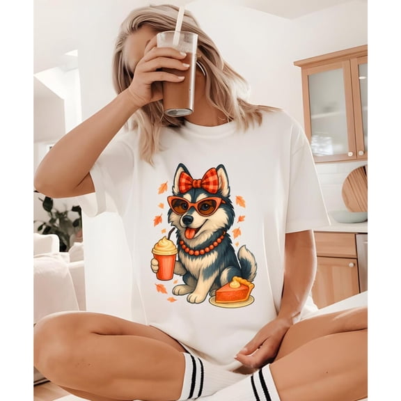 Funny Husky Thanksgiving Shirt, Wolf Dog Autumn Coffee and Pumpkin Pie Graphic Tee, Dog Lover T-Shirt, Thanksgiving Coffee Top, Causal，cotton，white，S-5XL