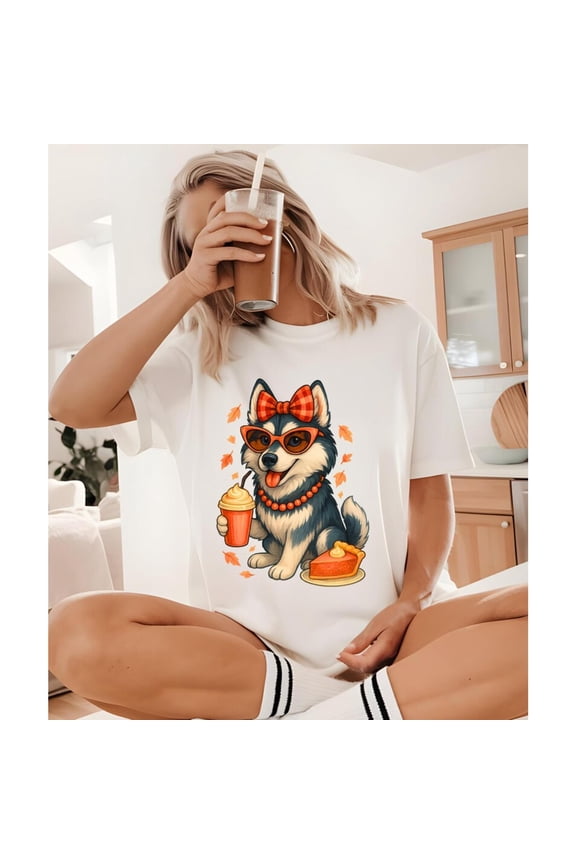 Funny Husky Thanksgiving Shirt, Wolf Dog Autumn Coffee and Pumpkin Pie Graphic Tee, Dog Lover T-Shirt, Thanksgiving Coffee Top, Causal，cotton，white，S-5XL