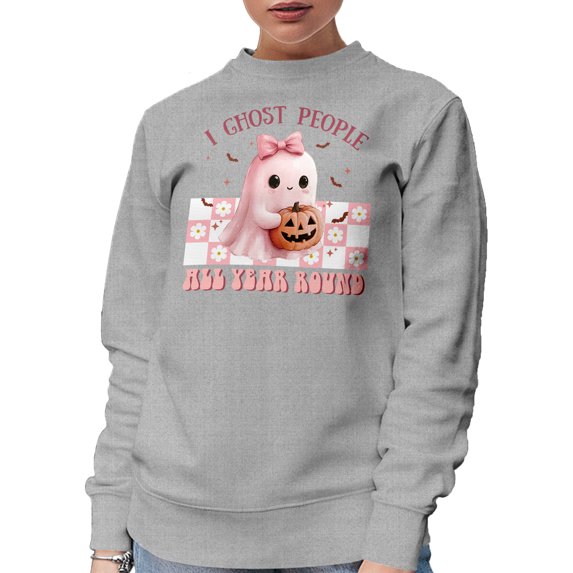 Funny I Ghost People All Year Round, Cute Pink Ghost Pun, Heather Grey Crewneck Sweatshirt, XL