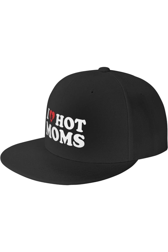 Funny I Heart Hot Moms Flat Brim Hat for Men Women I Love Hot Moms Baseball Cap Black Hip-Hop Hat Gift for Mom
