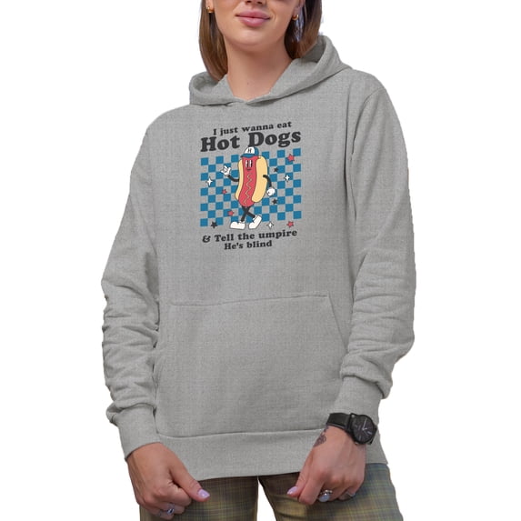 Funny I Just Wanna Eat Hot Dogs, Retro Baseball Art Merch Gift, Heather Grey Hooded Sweatshirt or Hoodie, Large