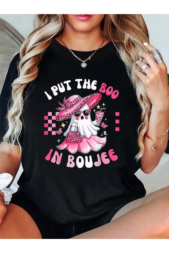 Funny I Put The Boo In Boujee Pink Ghost HalloweenCrew Neck Graphic Tee Cotton Lightweight T-Shirt