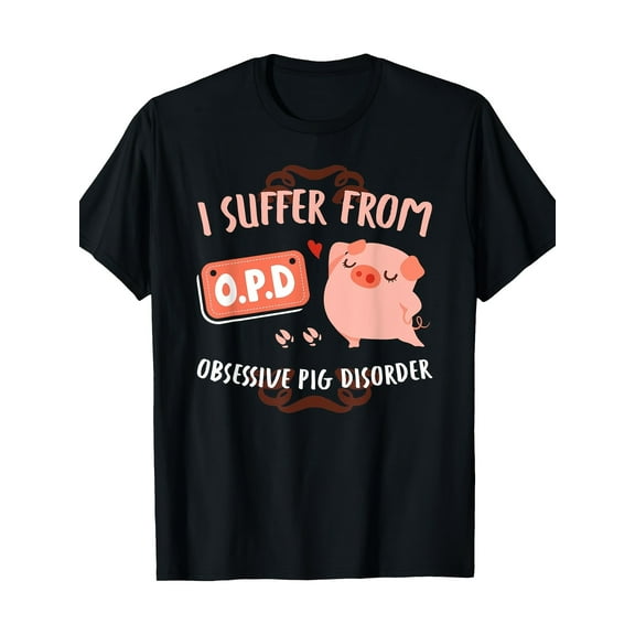 Funny 'I Suffer From Obsessive Pig Disorder' Men'S T-Shirt- Perfect Gift for Pig Lovers, 100% Cotton, Short Sleeve, Round Neck, Machine Washable, Black with Pink Text and Cute Pig Graphic