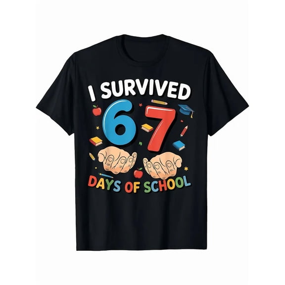 Funny I Survived 67 Days of School Graphic Unisex Short Sleeve Casual T-Shirt