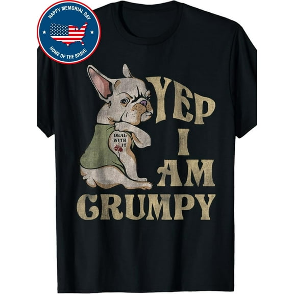 Funny 'I'm Grumpy' French Bulldog Graphic T-Shirt - Men's Casual Cotton Tee with Patriotic Design, Short Sleeves, Round Neck, Black, Everyday Tshirt | Patriotic Clothing | Flexible Cotton Top