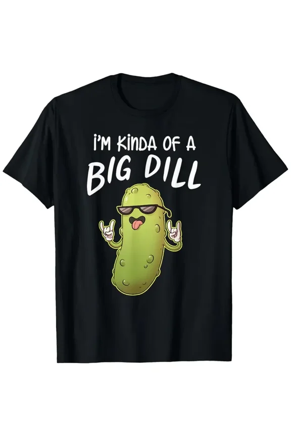Funny "I'm Kinda Of A Big Dill" Pickle T-Shirt with Smiling Dill Pickle & Fashion Glasses Graphic - Casual Short Sleeve Tee for &, Unisex Fit, Machine Washable, Year-Round Wear