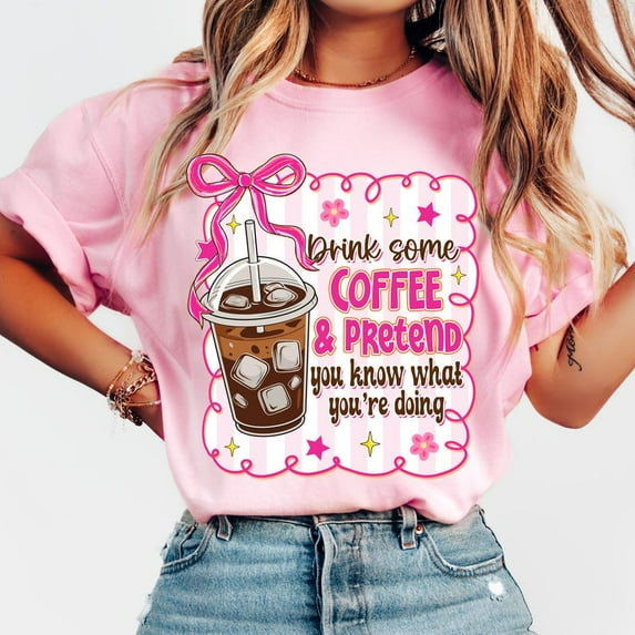 Funny Iced Coffee T-Shirt for Women, Coquette Floral Bow Graphic Tee, Retro Sarcastic Mental Health Humor Shirt for Coffee Lovers