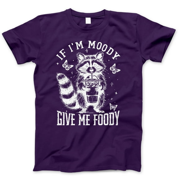 Funny 'If I'm Moody Give Me Foody' Raccoon Graphic T-Shirt - White Cute Animal Tee, Humor Food Lover Shirt, Unisex Casual Wear, Trendy Streetwear