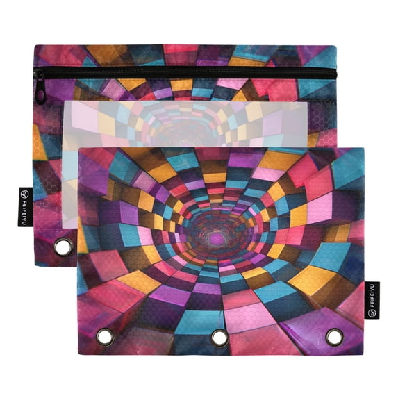 Funny Illusion Geometric Falling Sensation 2 Pack Pencil Pouch for 3 Ring Binder Smooth Zipper Folders with Pockets Clear Window Pencil Case