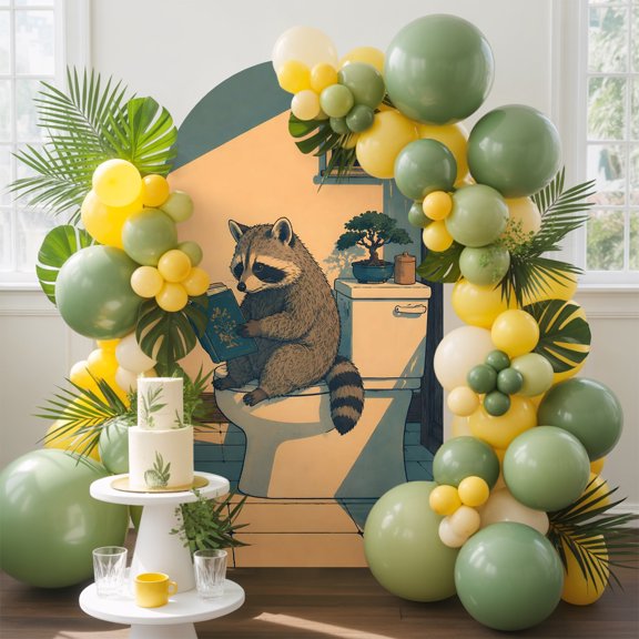 Funny Illustration Arch Backdrop Cover, 4FT, Raccoon Sitting on The Toilet Whimsical Aesthetic Spandex Arch Covers Double-Sided Backdrop for Wedding Birthday Party Photo Background Decoration