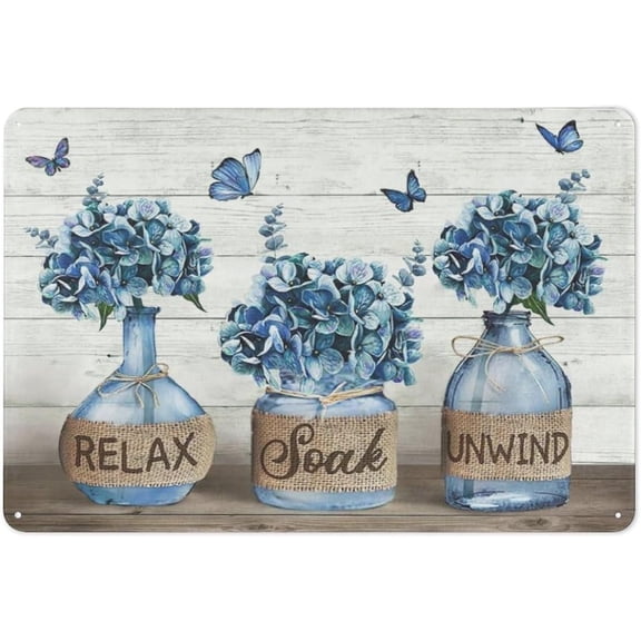 Rustic Metal Tin Sign Blue Flower Wall Art Floral Pictures Wall Decor Large Prints Horizontal Artwork Paintings Home Office Decorations for Living Room Bedroom 8x12 Inch