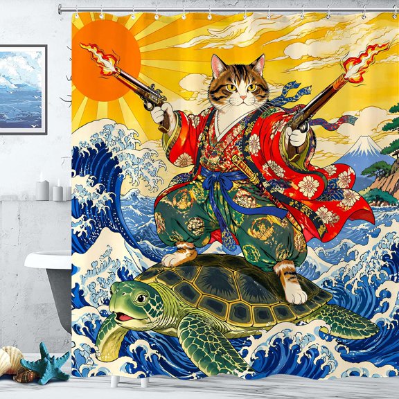 Funny Japanese Cat Shower Curtain, Cute Samurai Kitten Riding Turtle Surfing Ocean Wave Sea Fun Cool Bathroom Decor